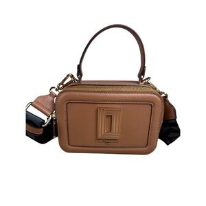 Karl Lagerfeld Paris Simone Tan Top Handle Crossbody Bag Gold Logo Plaque